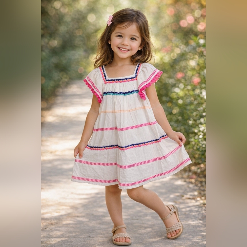 Cat & Jack Girl's Fringe Trim Embroidered White Dress Size Medium